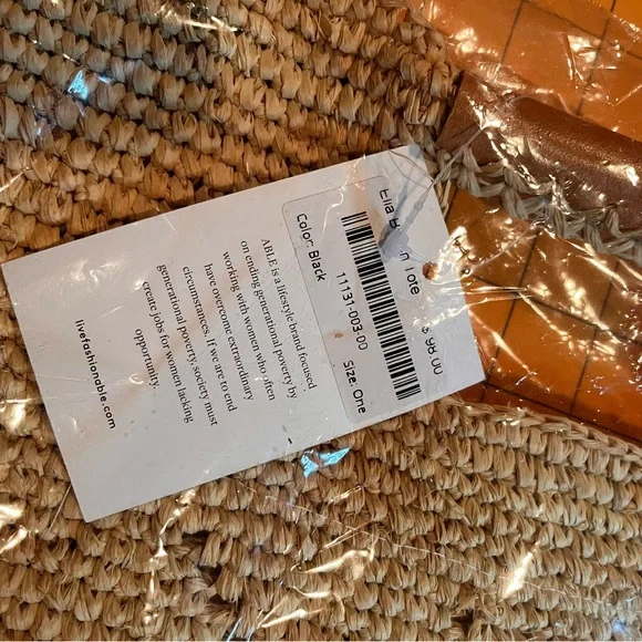 Able Tan and Black Woven Grass Tote Bag with Leather Handle - Picture 3 of 4